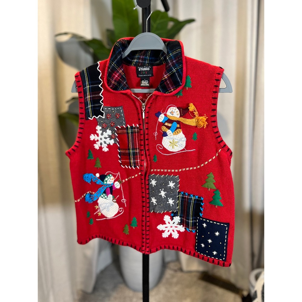 Designers Originals Studio Joy Red Christmas Vest Snowman Plaid Patchwork Large